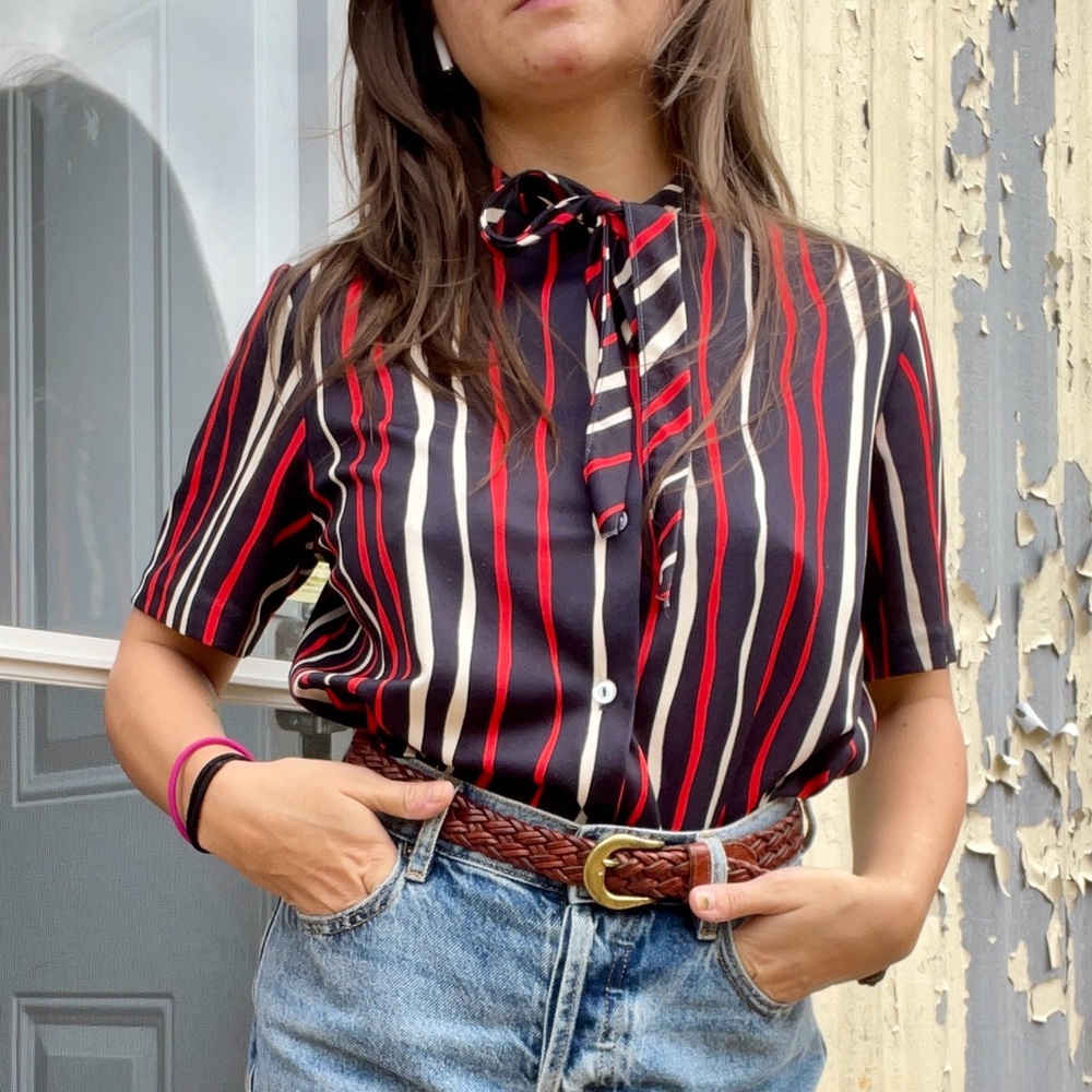 Vintage button up blouse with neck tie